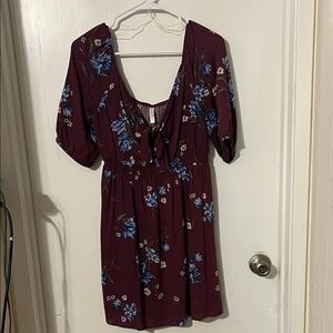 Xhilaration Burgundy Dress with Blue Floral Design